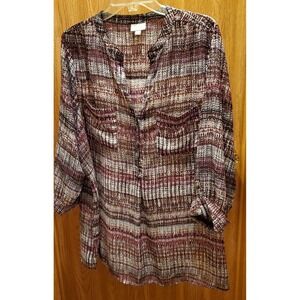 Size 22/24 Women Textured Floral Multi Burgundy Long Sleeve 2 Pocket Soft Avenue